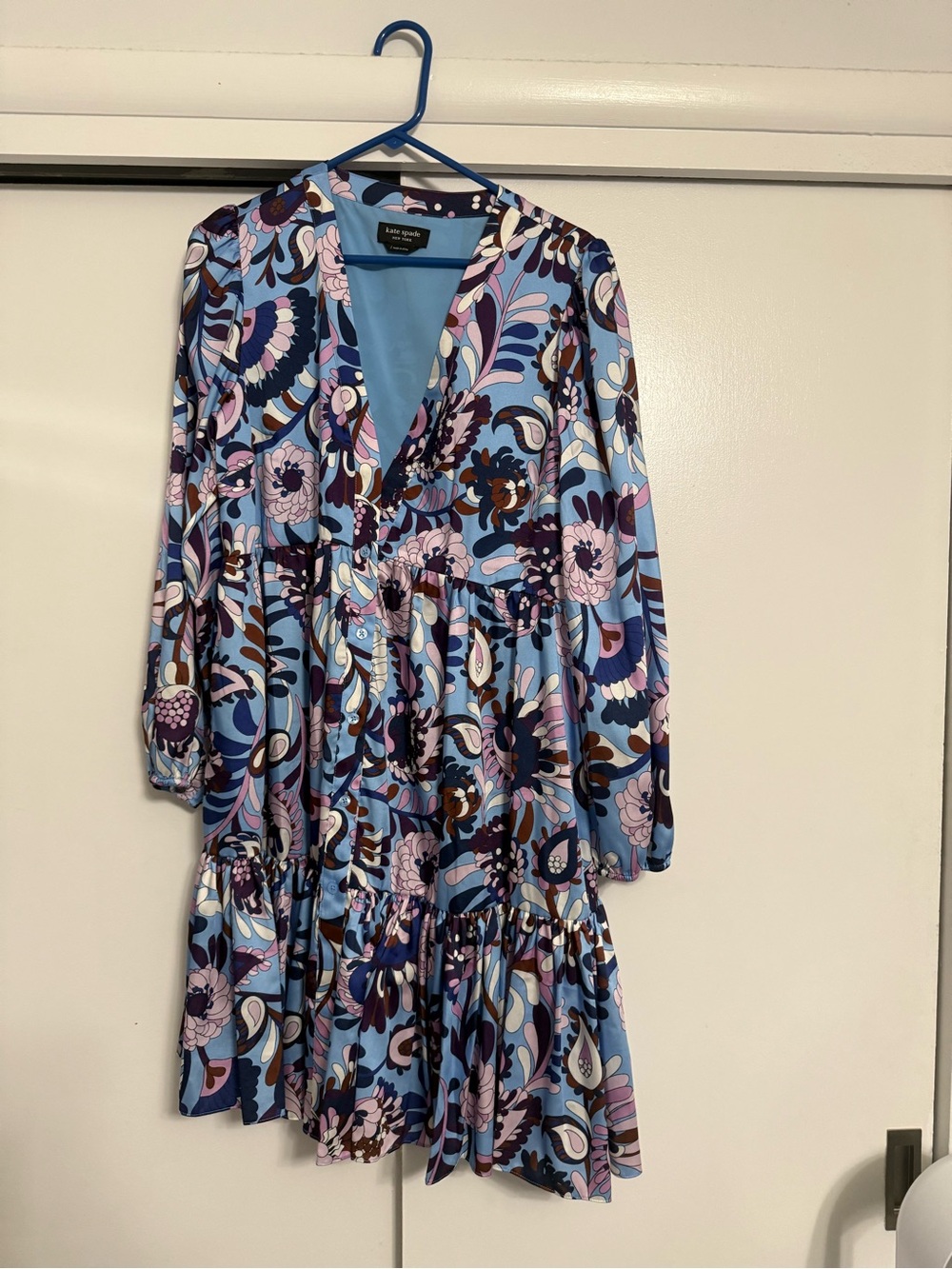 Large 10 kate spade Blue and Purple Floral Long Sleeve Tiered Dress